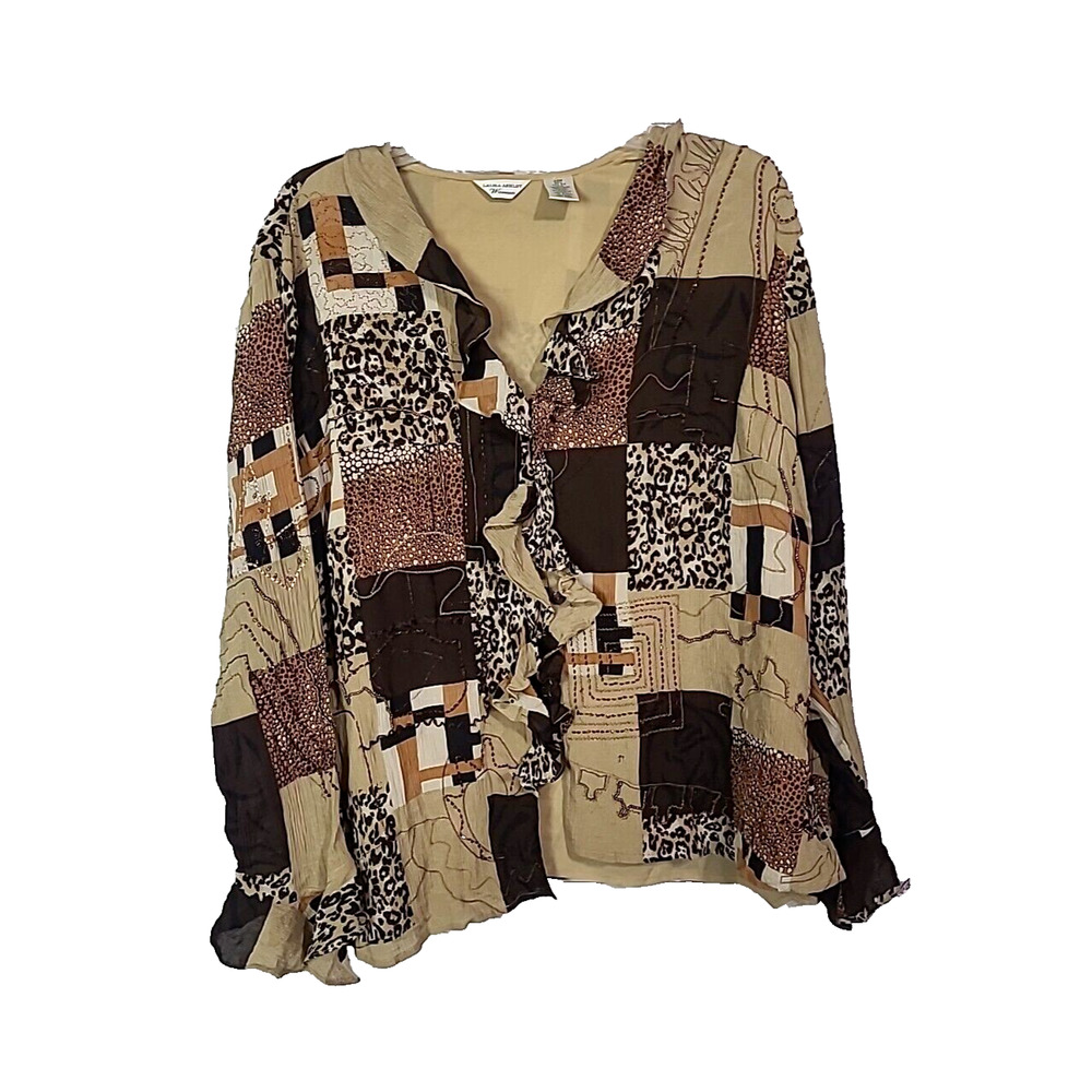 Laura Ashley Artsy Mixed Print Beaded Silk Patchwork Crinkle Top Womans Plus 20W